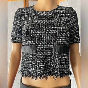 Zara trf Collection Faux Leather Tweed Top with Fringe Black and White Size XS